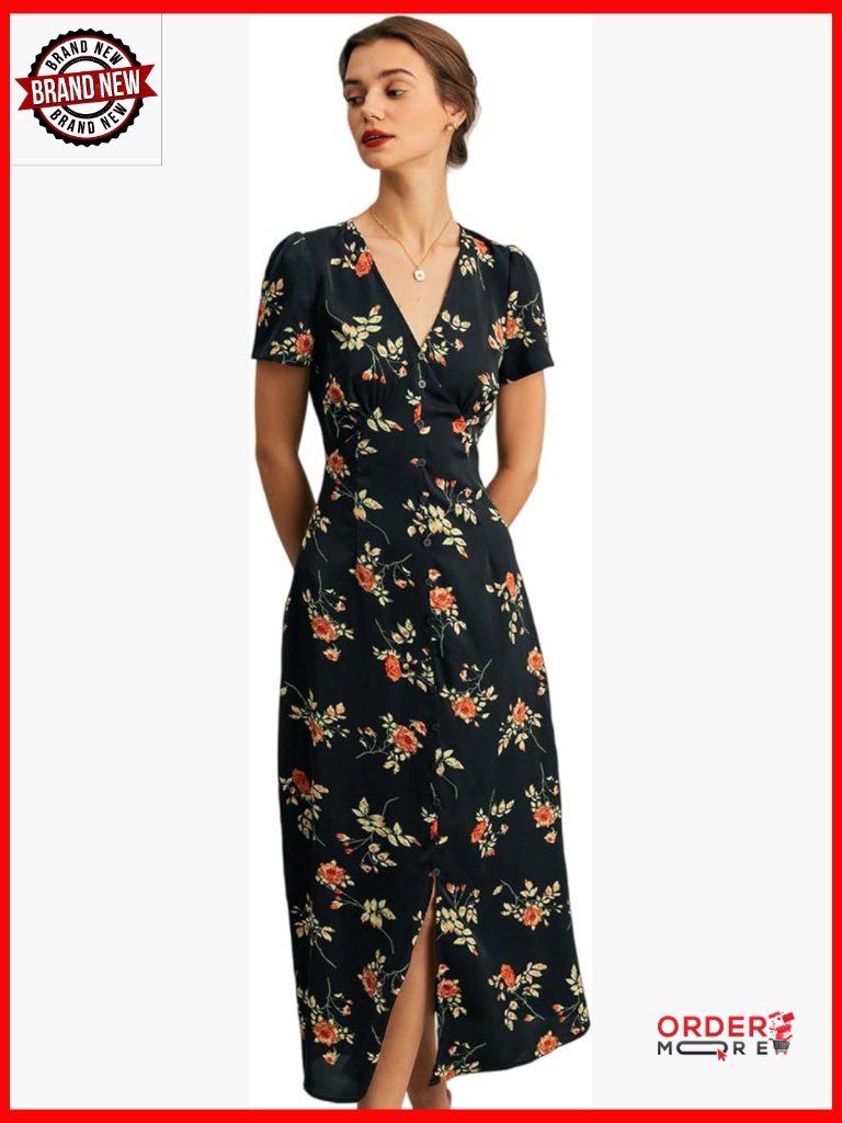 Elegant Flowy V Neck Maxi Dress - High Waist Short Sleeve